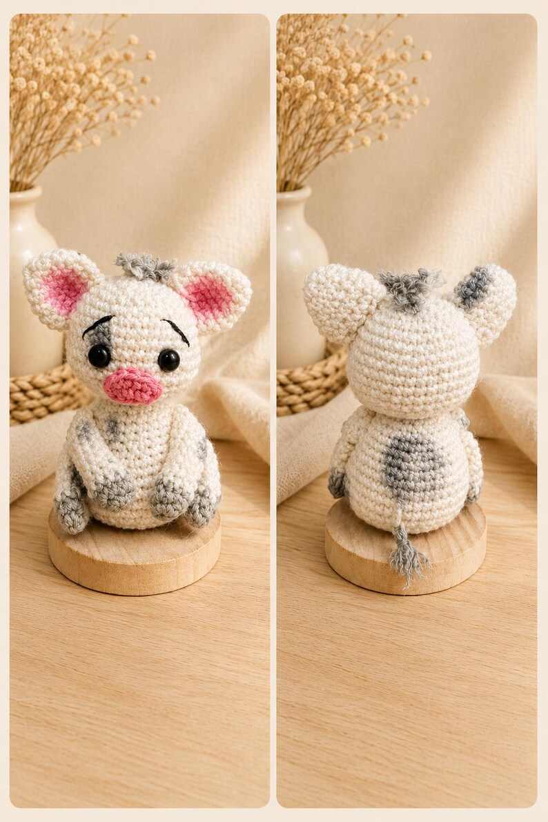 May include: A handmade crochet cow doll with a white body, gray spots, and pink inner ears. The doll has black eyes and a pink mouth. It is displayed on a small wooden stand. The cow has a gray tail.