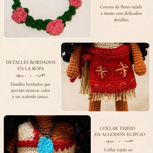 May include: A handmade crochet flower crown with pink flowers and green leaves. The image also shows a crochet doll with embroidered details on the red dress and a blue pendant necklace. The text says "Corona de Flores" and "Detalles Bordados en la Ropa".