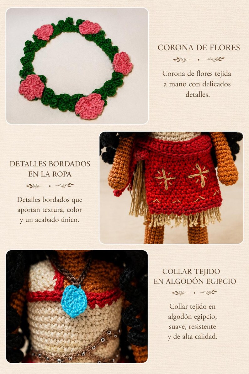 May include: A handmade crochet flower crown with pink flowers and green leaves. The image also shows a crochet doll with embroidered details on the red dress and a blue pendant necklace. The text says "Corona de Flores" and "Detalles Bordados en la Ropa".