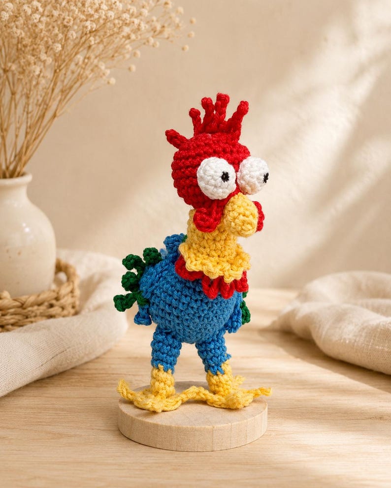 May include: A handmade crochet rooster figurine. The rooster has a red comb, white eyes, and a yellow beak. Its body is blue with yellow feet and a yellow and red collar. The figurine is standing on a small wooden base.