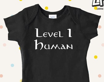 Level 1 Human Baby Onepiece, MMO Bodysuit, Dungeons and Dragons Snapsuit, Geeky Baby Shower Gift, RPG First Birthday Gift