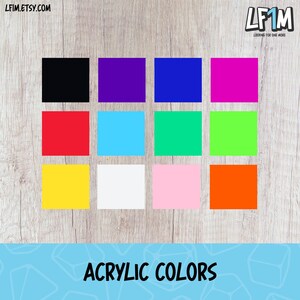 May include: A collection of twelve acrylic color swatches in various shades, including black, purple, blue, pink, red, light blue, green, yellow, white, pink, and orange. The text "ACRYLIC COLORS" is displayed at the bottom.