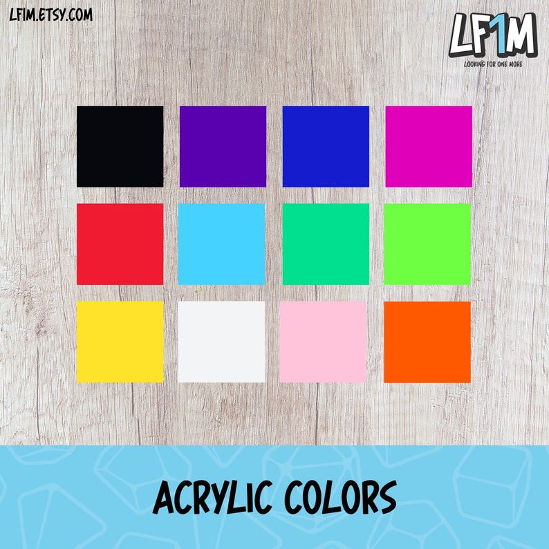 May include: A collection of twelve acrylic color swatches in various shades, including black, purple, blue, pink, red, light blue, green, yellow, white, pink, and orange. The text "ACRYLIC COLORS" is displayed at the bottom.