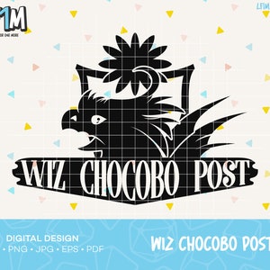May include: Black and white digital design featuring a stylized illustration of a Chocobo, a bird-like creature from the Final Fantasy video game series, with a flower on its head. The text "WIZ CHOCOBO POST" is written in a banner below the Chocobo.