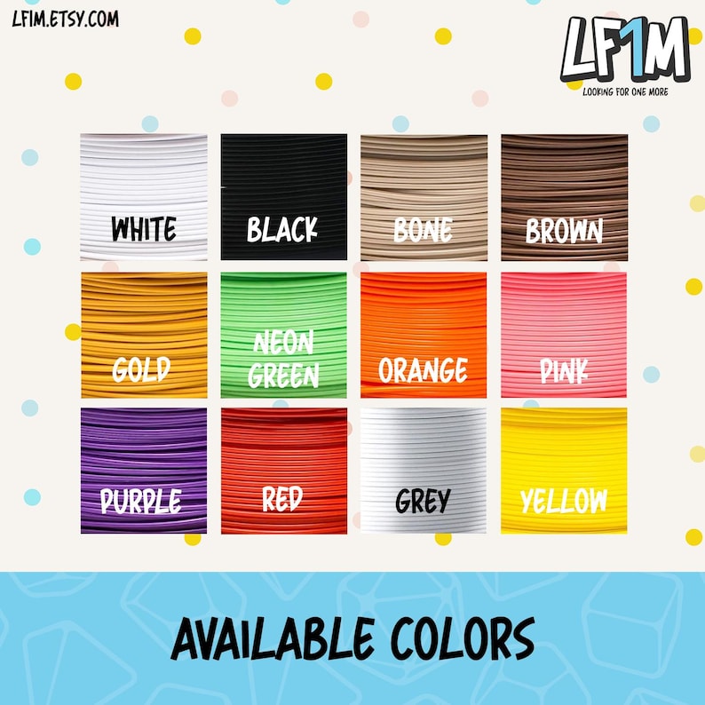 May include: A grid of colorful cords, each labeled with a color name: white, black, bone, brown, gold, neon green, orange, pink, purple, red, grey, and yellow. The text "AVAILABLE COLORS" is at the bottom.