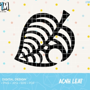 May include: Black and white silhouette of a stylized leaf with a grid pattern. The leaf is the logo for the Animal Crossing: New Horizons video game. The text "ACNH LEAF" is below the leaf.