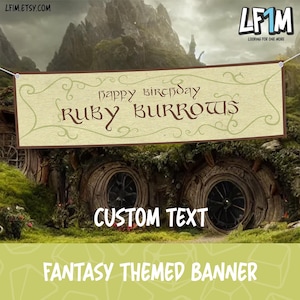 May include: A rectangular banner with a light beige textured background and a dark brown border. The text reads "HAPPY BIRTHDAY RUBY BURROWS" in a dark brown stylized font, accented by thin, light green swirling vine illustrations.