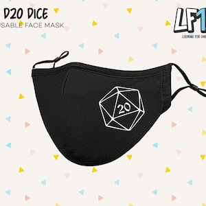 May include: Black reusable face mask with a white D20 dice graphic. The text "D20 DICE" and "REUSABLE FACE MASK" is above the dice graphic. The text "LF1M LOOKING FOR ONE MORE" is in the upper right corner of the image.