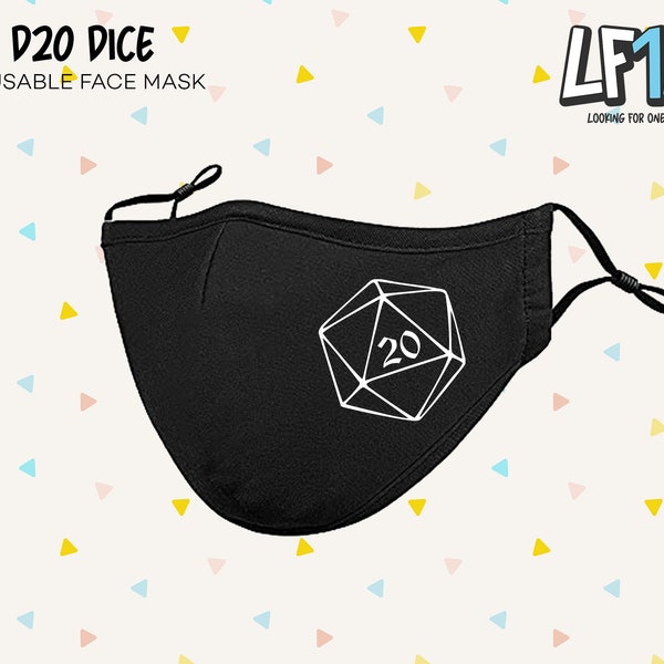 D20 Dice Face Mask, DnD face mask, Polyhedral face mask, Reusable Cloth Face Protection, Adjustable, Washable Face Cover
