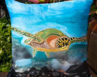 Silk Pillow Cover Green Sea Turtle Honu Hawaii Hand Painted Silk Pillow Cover