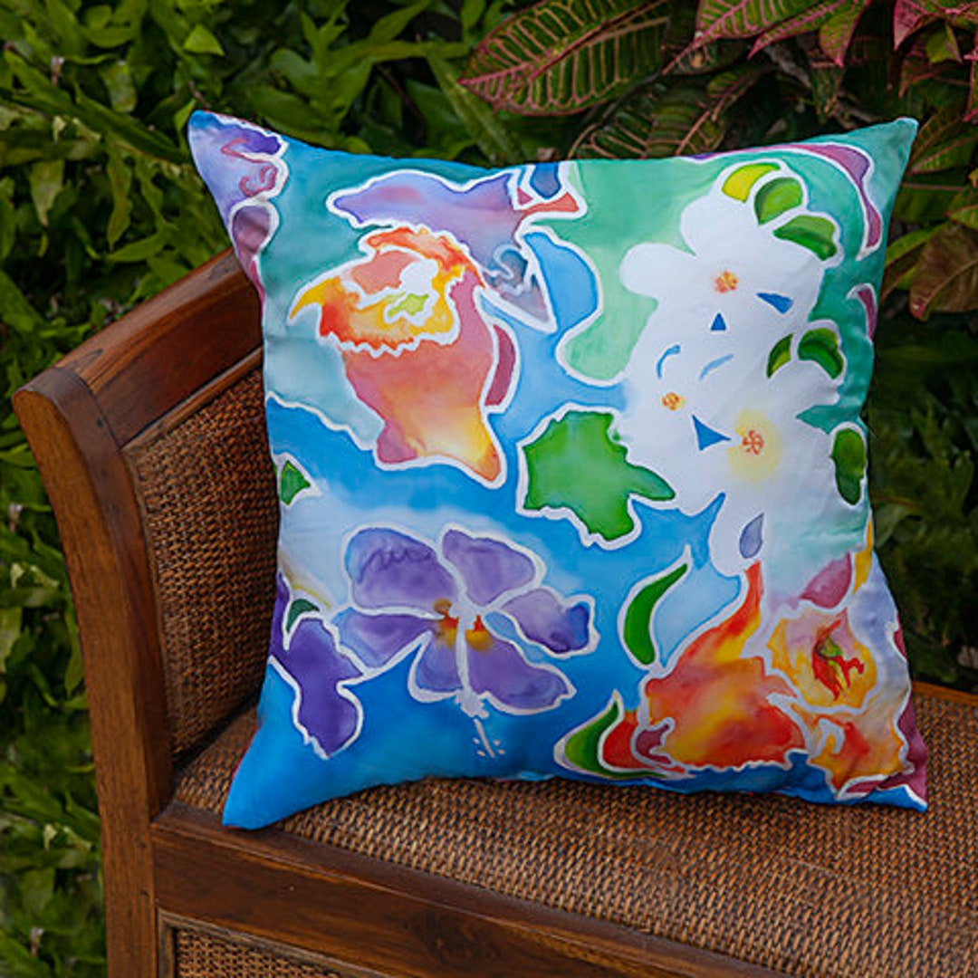 Silk Pillow Cover Hawaiian Hand Painted Silk Pillow Cover Tropical