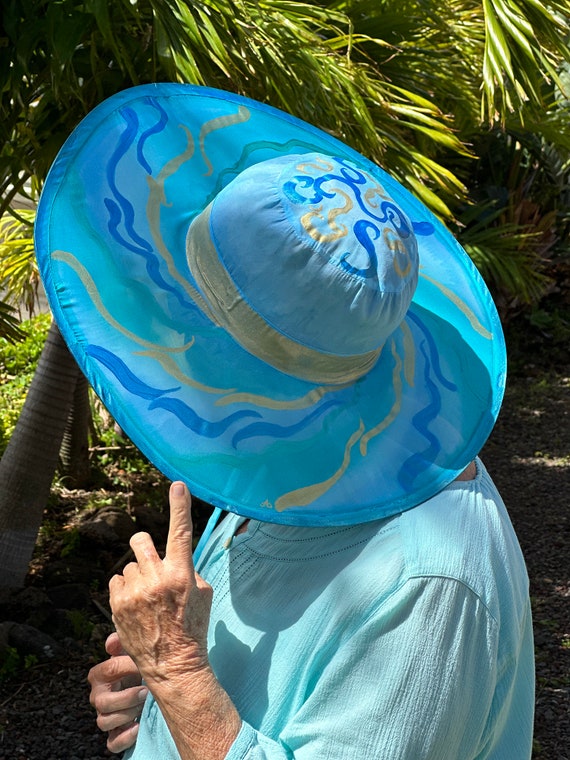 Folding Sun Hat Silk Hat Painted Blue Swirls Waimanolo Blues 