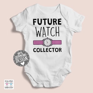 May include: White baby bodysuit with the text "FUTURE WATCH COLLECTOR" in black. A pink rectangle with a watch graphic is centered below the word "WATCH". A circular graphic with the text "100% CUSTOMIZABLE DESIGN" is on the left side.