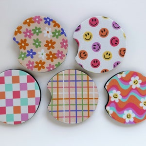 Cute Car Coasters Set of 2, Cup Holder Coasters, Floral Retro Groovy Checker Car Coaster