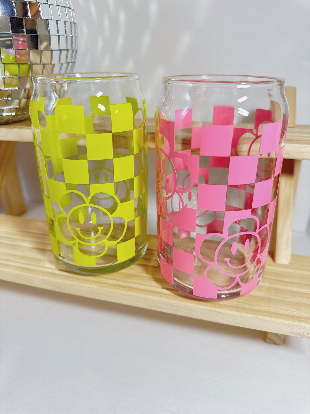 Checkered Flower Cup - Cute Cup With Lid and Straw - Beer Can Glass ...