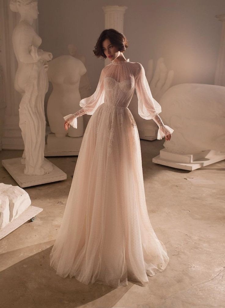 champagne flowy wedding dress