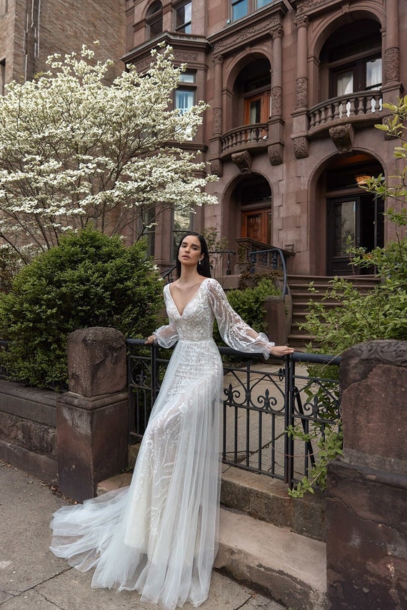 V-neck Wedding Dress Puffy Hands Lace and Silky Mesh Skirt - Etsy Singapore
