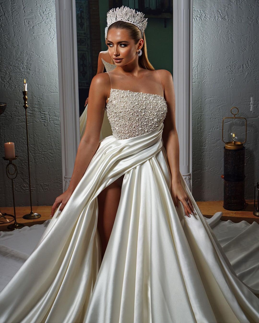 Elegant Beaded Satin Wedding Dress. Satin Wedding Dress With - Etsy