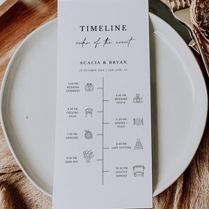 Commande de mariage minimale des événements carte modèle à télécharger, carte de chronologie de mariage imprimable avec modèle d'icônes, carte de programme de mariage, acacia