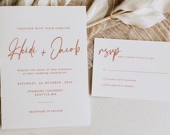 Bohemian Wedding Invitation Suite Template, Minimalis Wedding Invitation Template, Modern Boho Terracotta Wedding Invitation Template-Heidi