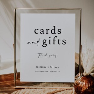 Letrero de boda con tarjetas y obsequios modernos, descarga instantánea, plantilla de letrero de tarjetas y obsequios imprimible, tarjetas y obsequios de boda editables, Jasmine