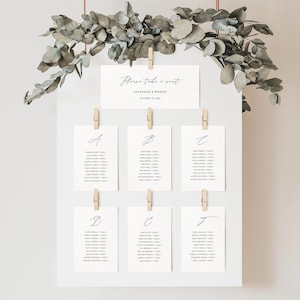Minimalistische bruiloft stoelenkaart kaartsjabloon, alfabetische stoelenkaart gastenstoel kaartkaarten, bruiloft stoelenkaart, Savannah