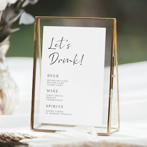 Let's Drink Wedding Bar Menu Sign Template, Edytowalny nowoczesny znak na wesele i specjalne wydarzenie Let's Drink, Minimalistyczny znak na wesele, Znak Boho