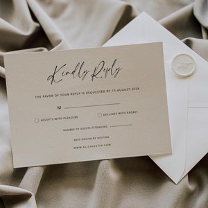 Modello di biglietto RSVP minimalista, RSVP per matrimonio minimalista, biglietto RSVP per invito a matrimonio, biglietto di risposta neutro per matrimonio, biglietto di risposta moderno, Alicia
