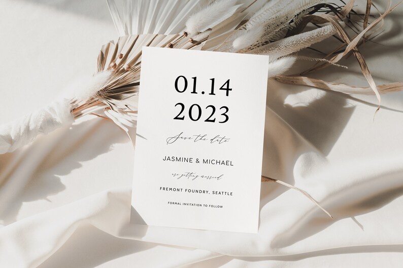 Afdrukbare minimalistische Save the Date, Save the Date met foto, Boho Save the Date, Modern Save the Date, huwelijksaankondiging, uitnodiging afbeelding 1