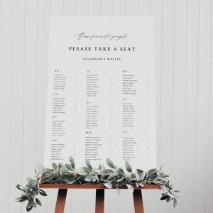 Sjabloon voor alfabetische zitplaatsen bruiloft, onze favoriete mensen zitplaatsen grafiek poster, minimalistische moderne bruiloft zitplaatsen tabel, Savannah