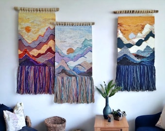 Handmade tapestry | Majestic mountains | Wall decor | Weaving | Landscape | Wall Art | Macrame | Weaving art | Style for home | White base