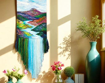 Tapiz de paisaje tejido a mano: Tapiz de pared con arte de fibra de cascada bohemio