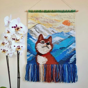 Shiba inu Wall decor Handmade Tapestry Weaving Landscape wall Art Macrame Hanging woven Woven wall hanging Textile Art Dog image 1