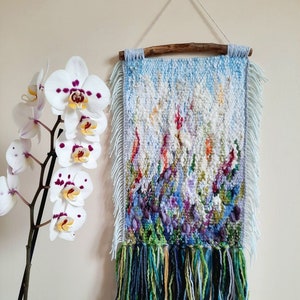 Field with flowers Wall decor Art Weaving Landscape Macrame Woven wall hanging Lavender abstract weaving Woven wall hanging zdjęcie 8