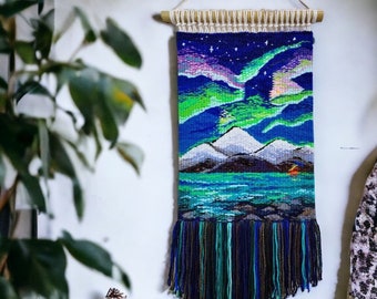 Aurora Night Sky Lights | Mountain Tapestry Wall decor | Weaving Landscape wall Art | Macrame | Textile Woven wall hanging | Handmade