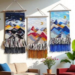Handmade Woven Tapestry Wall Hanging: Mountain Landscape Textile Art