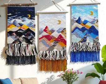 Tapiz de pared tejido a mano: arte textil con paisaje de montaña