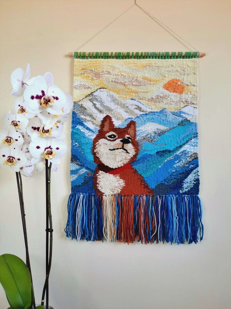 Shiba inu Wall decor Handmade Tapestry Weaving Landscape wall Art Macrame Hanging woven Woven wall hanging Textile Art Dog image 1