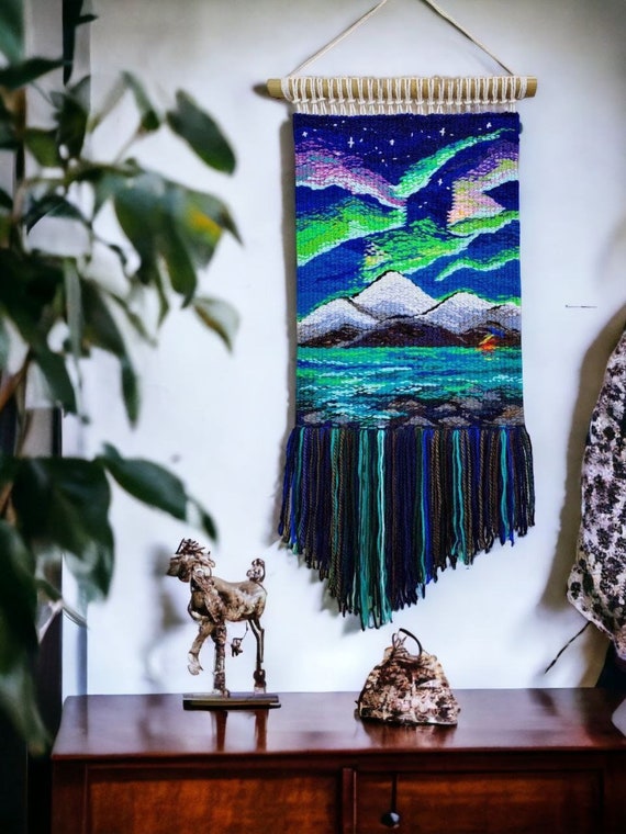Aurora Night Sky Lights Mountain Tapestry Wall Decor Weaving Landscape Wall Art Macrame Textile Woven Wall Hanging Handmade Etsy