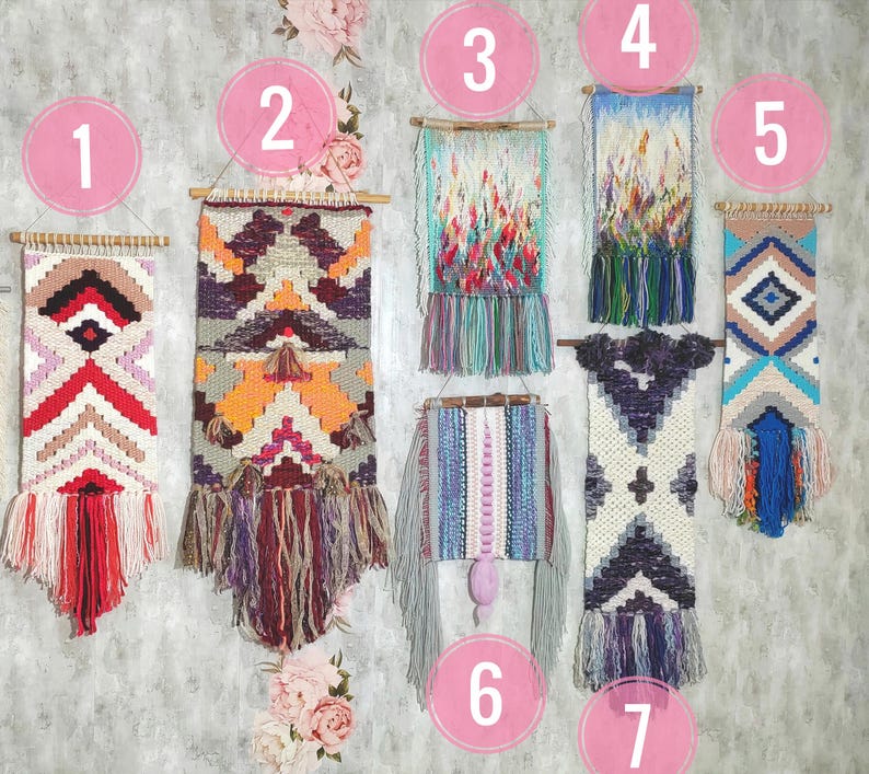 May include: Ten colorful woven wall hangings with fringe, featuring geometric patterns and abstract designs. The hangings are numbered 1 through 7.
