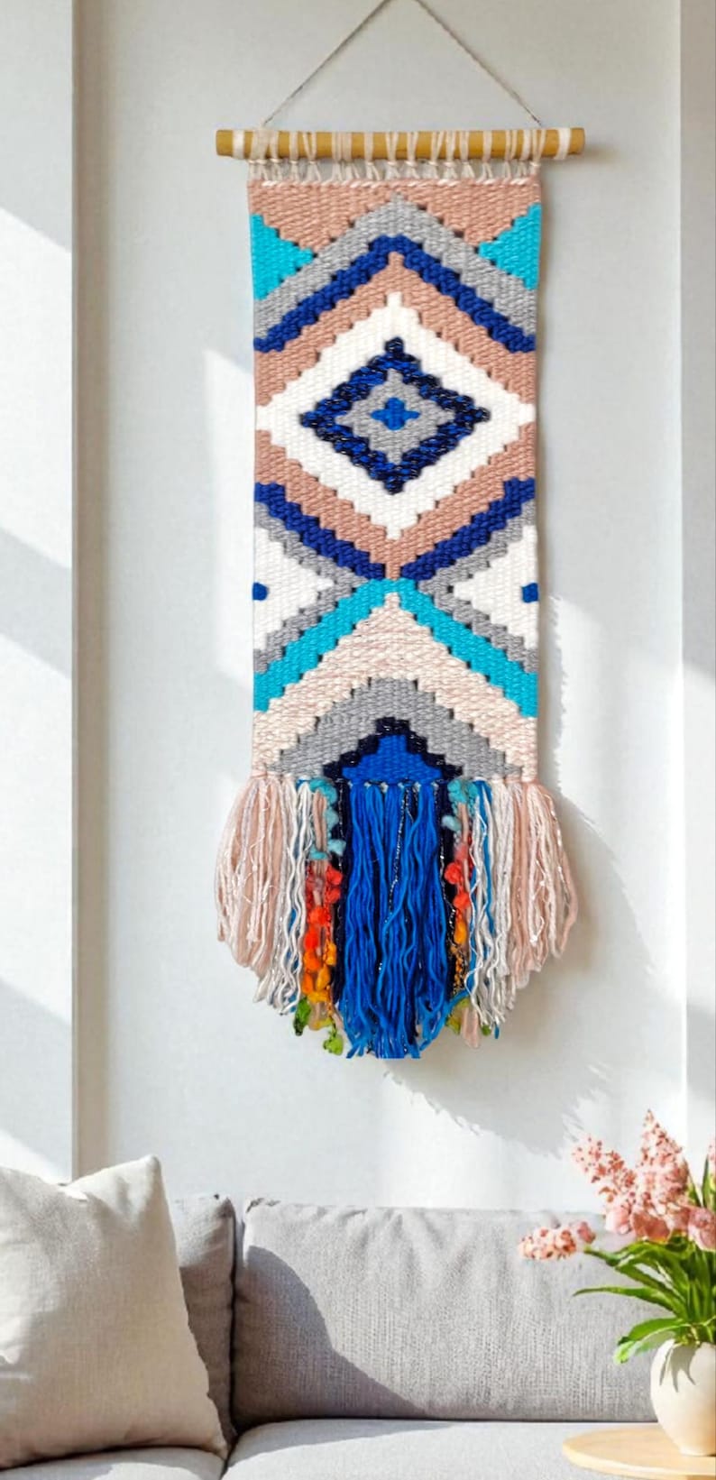 Handmade Woven Wall Hanging Tapestry: Boho Fiber Art Decor 5 - 21x66 cm.