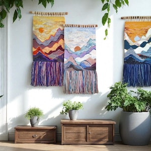 Handmade tapestry | Majestic mountains | Wall decor | Weaving | Landscape | Wall Art | Macrame | Weaving art | Style for home | White base