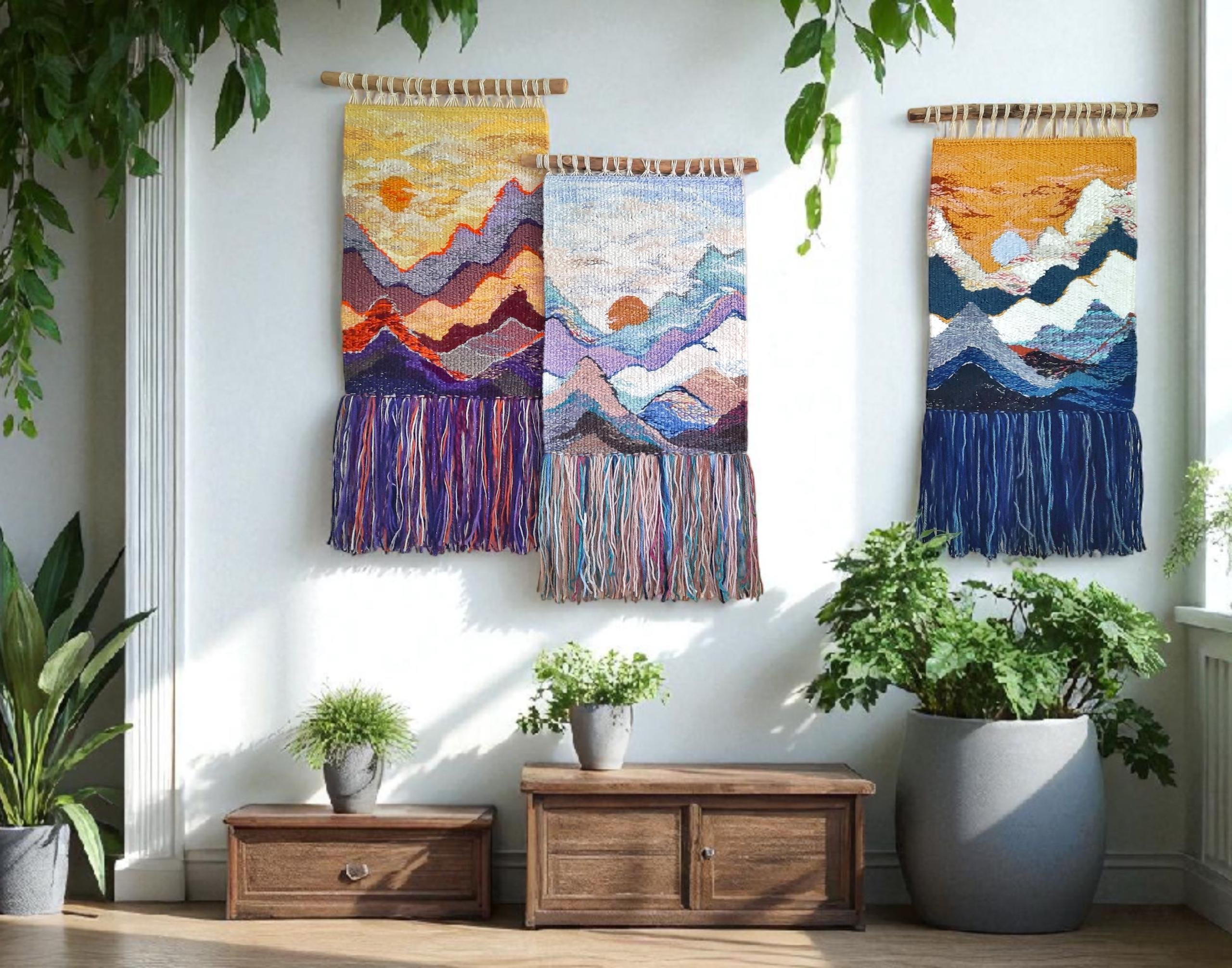 Handmade tapestry | Majestic mountains | Wall decor | Weaving | Landscape | Wall Art | Macrame | Weaving art | Style for home | White base