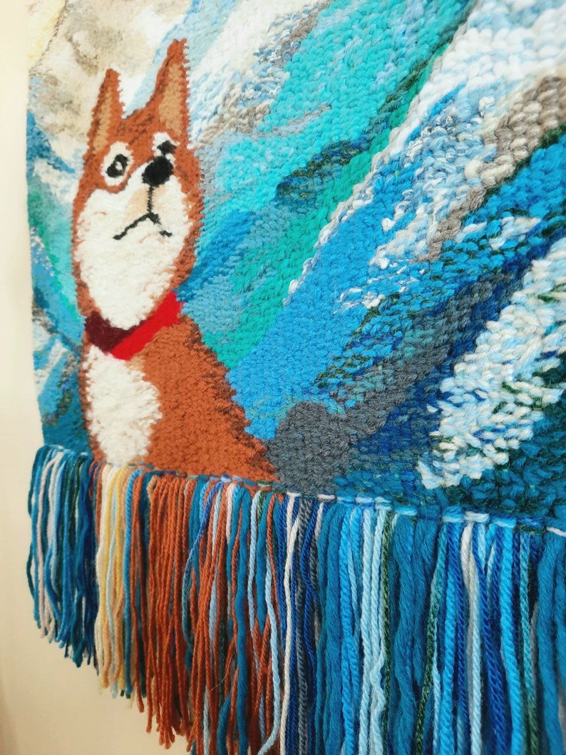 Shiba inu Wall decor Handmade Tapestry Weaving Landscape wall Art Macrame Hanging woven Woven wall hanging Textile Art Dog image 4