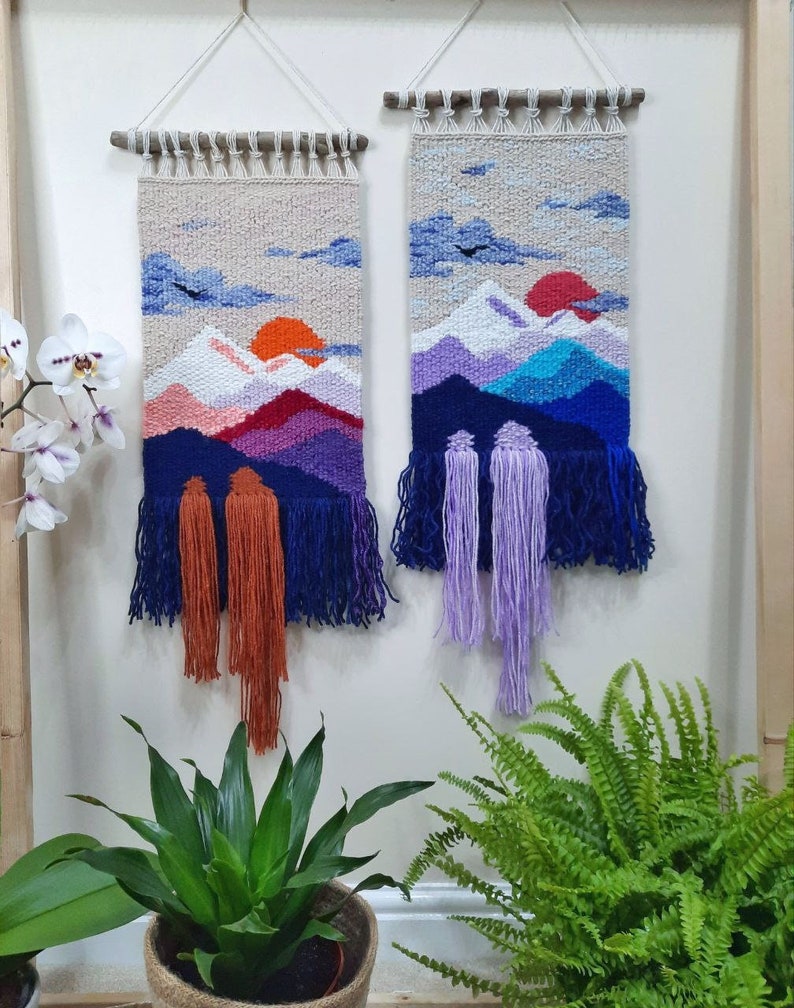 Handmade tapestry Mountains Wall decor Weaving Landscape wall Art Macrame Wall hanging woven Woven wall hanging Textile art image 1