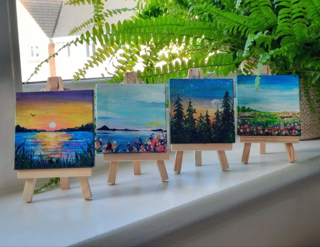 Original Small Acrylic Landscape Painting on Canvas 3x3 Sunset, Lake, and  Mountain Mini Art Acrylic on Canvas Mini Painting Tiny Art 