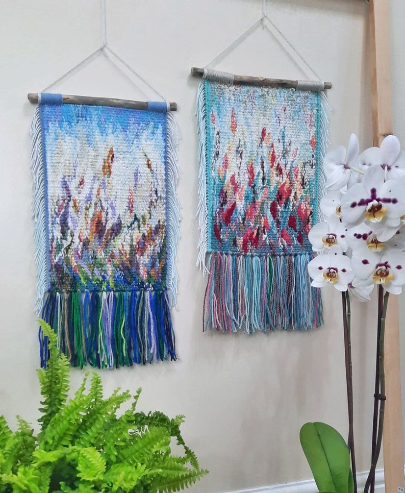 Field with flowers Wall decor Art Weaving Landscape Macrame Woven wall hanging Lavender abstract weaving Woven wall hanging zdjęcie 2