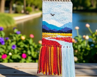 Handwoven Landscape Tapestry: Boho Fiber Art Wall Hanging with Sunset Colors