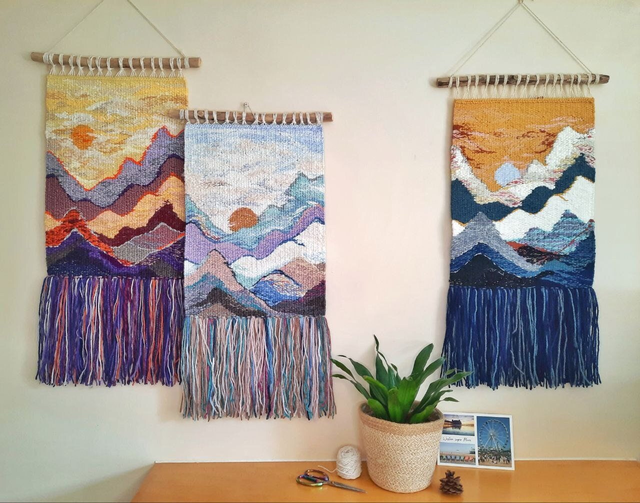 Handmade Tapestry Majestic Mountains Wall Decor Weaving Landscape Wall Art  Macrame Weaving Art Style for Home White Base -  Canada