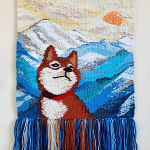 Shiba inu Wall decor Handmade Tapestry Weaving Landscape wall Art Macrame Hanging woven Woven wall hanging Textile Art Dog image 2